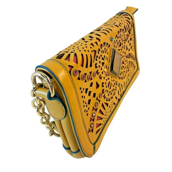 Nicole Lee Shoulder Handbag Purse Mustard Yellow Cut Out Rinestones Faux Leather - Picture 10 of 12